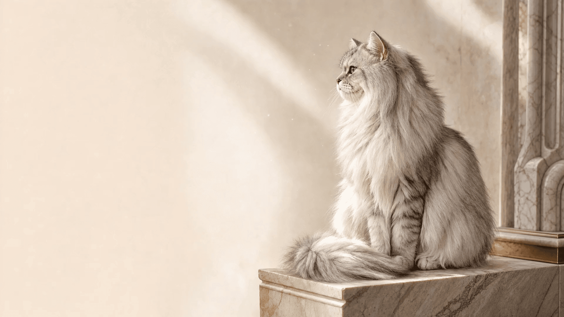 A silver long-haired cat sitting in profile on a sunlit marble plinth.