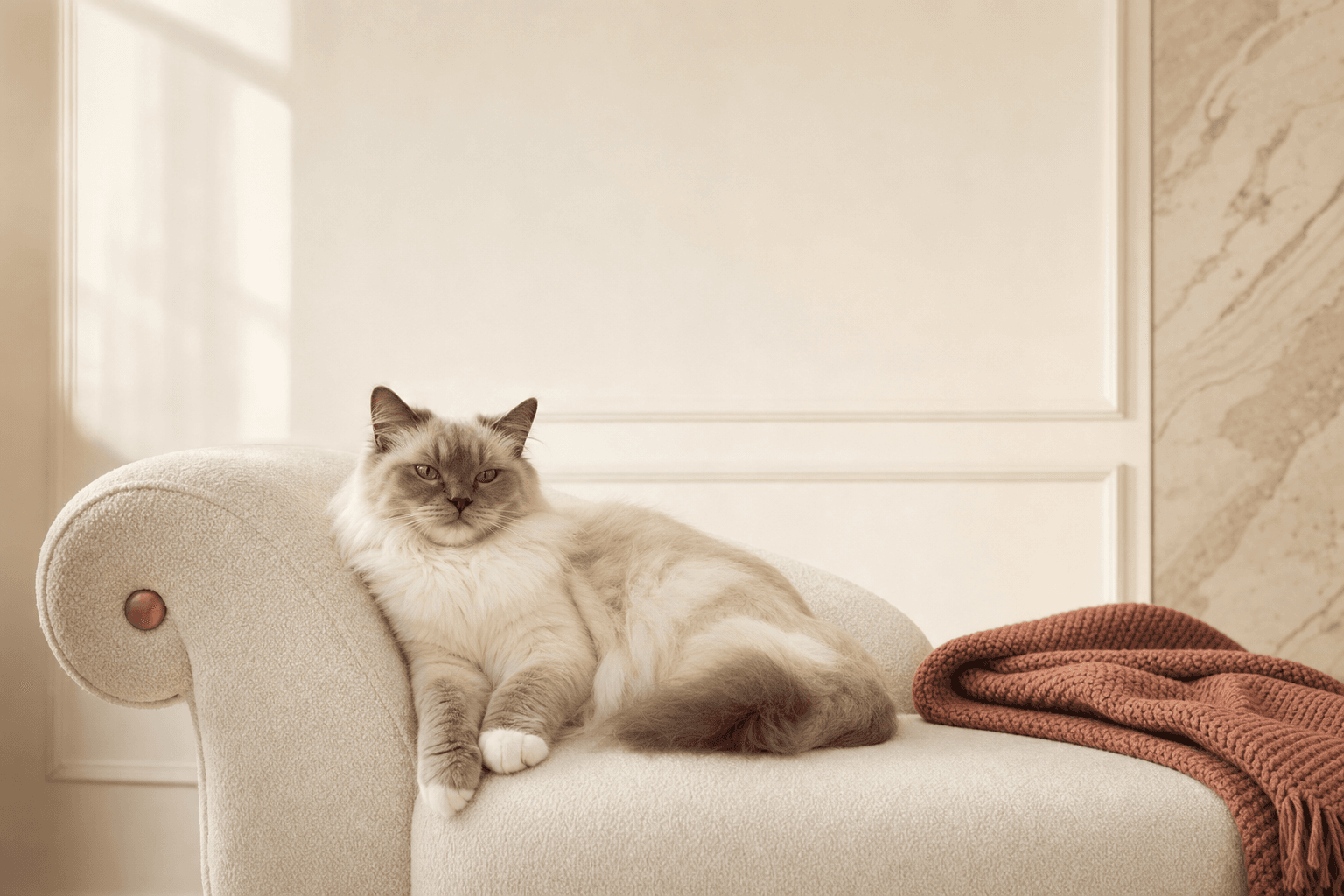 A sunlit, calm grooming lounge interior in warm neutral tones.