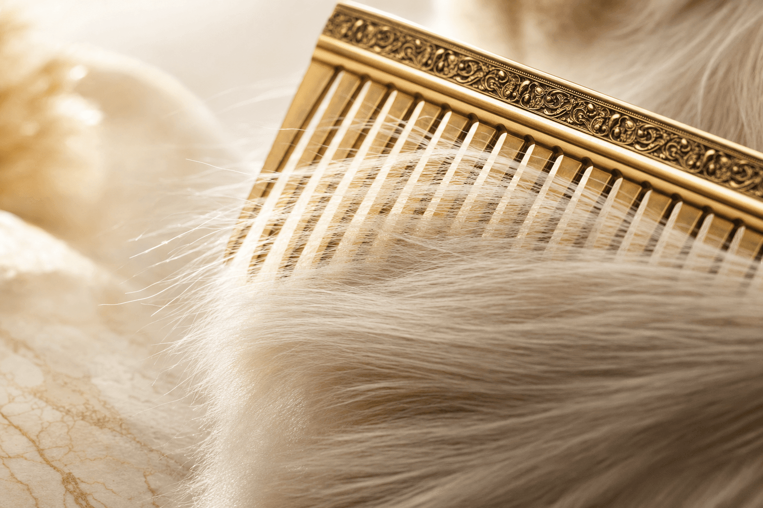 A fine-toothed grooming comb resting on sunlit marble.