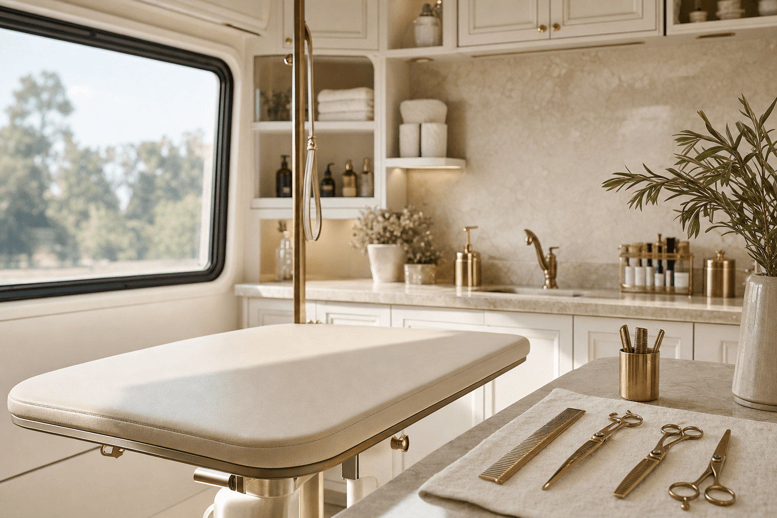 A styled representation of the fitted mobile grooming studio, warm and calm inside. Not a photograph of the actual trailer.